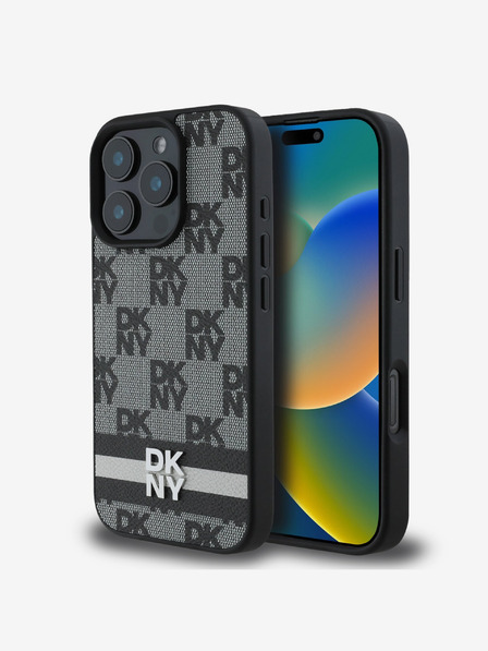 DKNY DKNY PU Leather Checkered Pattern and Stripe Zadní Kryt pro iPhone 16 Pro Max Black
