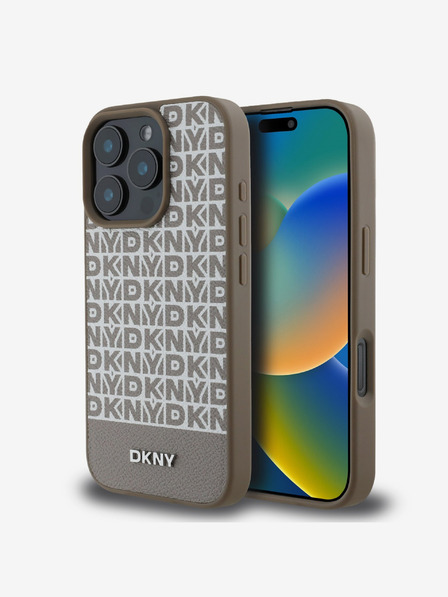 DKNY DKNY PU Leather Repeat Pattern Bottom Stripe MagSafe Zadní Kryt pro iPhone 16 Pro Brown