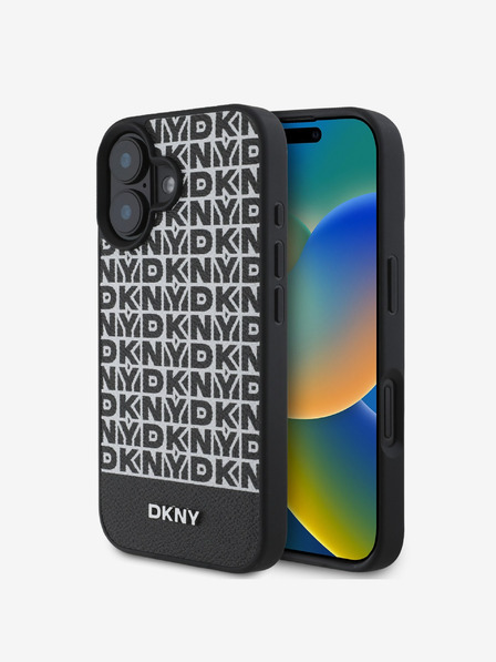 DKNY DKNY PU Leather Repeat Pattern Bottom Stripe MagSafe Zadní Kryt pro iPhone 16 Plus Black