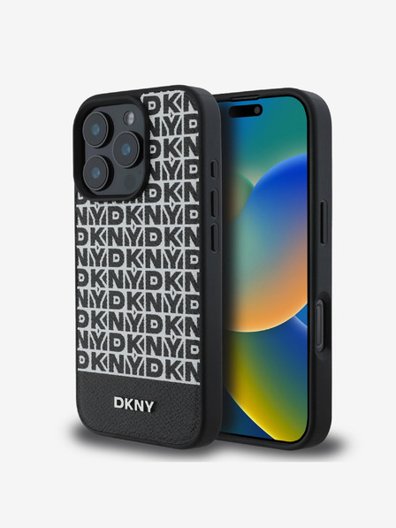 DKNY DKNY PU Leather Repeat Pattern Bottom Stripe MagSafe Zadní Kryt pro iPhone 16 Pro Black