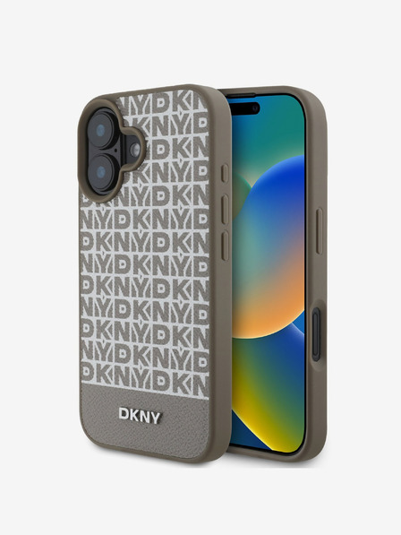 DKNY DKNY PU Leather Repeat Pattern Bottom Stripe MagSafe Zadní Kryt pro iPhone 16 Brown