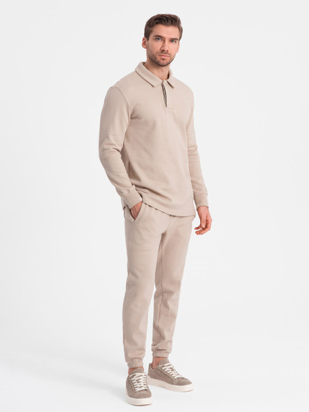 Ombre Clothing Béžová pánská tepláková souprava mikina s polo límcem + kalhoty Ombre Clothing