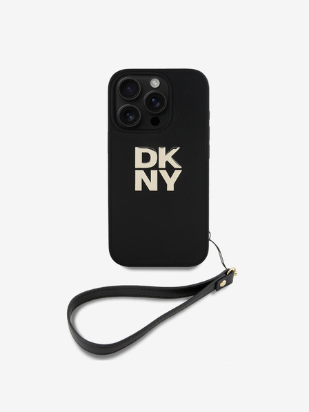 DKNY DKNY PU Leather Stack Logo Wrist Strap Zadní Kryt pro iPhone 16 Pro Max Black