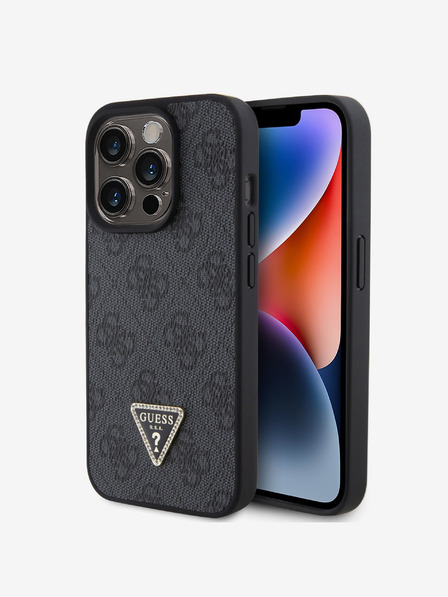 Guess Guess PU 4G Strass Triangle Metal Logo Zadní Kryt pro iPhone 15 Pro Black
