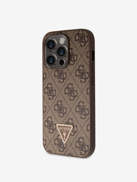 Guess Guess PU 4G Strass Triangle Metal Logo Zadní Kryt pro iPhone 15 Pro Brown