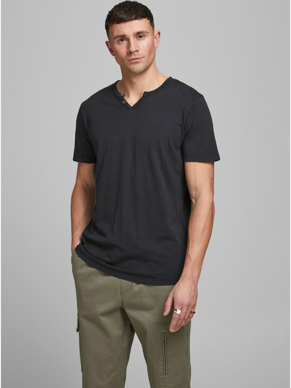 Jack & Jones Černé tričko s knoflíky Jack & Jones Esplit