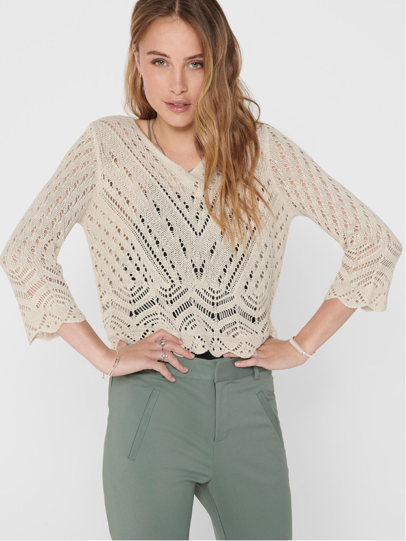 Jacqueline de Yong Krémový vzorovaný crop top svetr s 3/4 rukávem JDY New