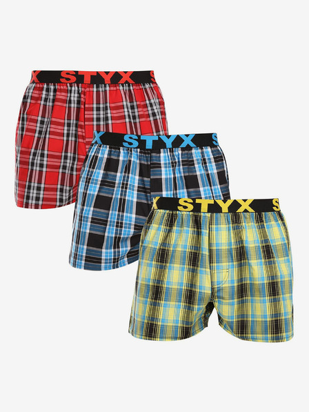 Styx Sada tří pánských kostkovaných trenýrek ve světle zelené, modré a červené barvě STYX