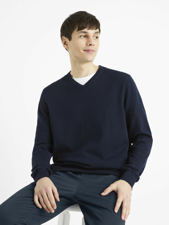 Celio Tmavě modrý pánský basic svetr Celio Decotonv