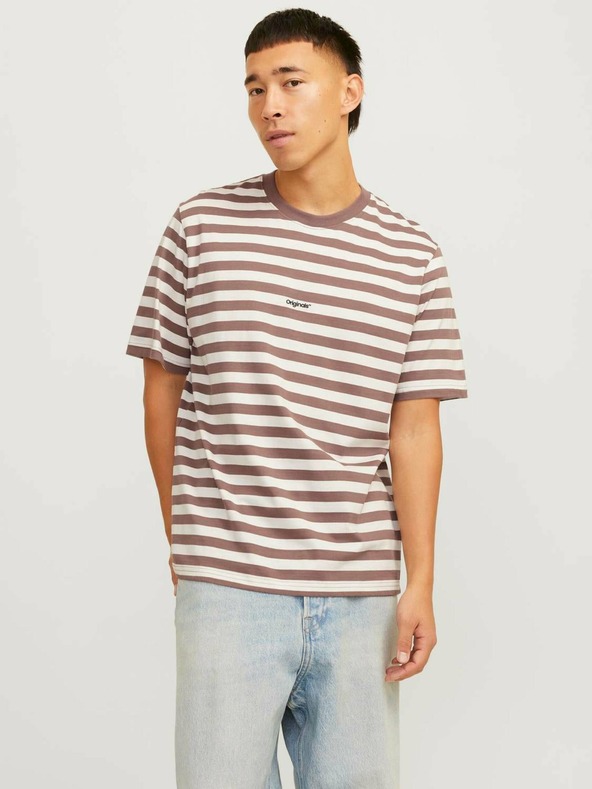 Jack & Jones Bílo-hnědé pánské pruhované tričko Jack & Jones