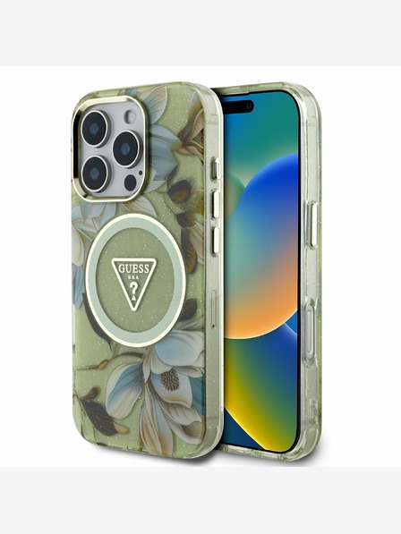 Guess Guess IML Glitter Magnolia and Triangle Logo MagSafe Zadní Kryt pro iPhone 16 Pro Green