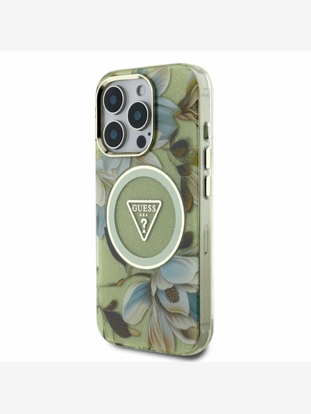 Guess Guess IML Glitter Magnolia and Triangle Logo MagSafe Zadní Kryt pro iPhone 16 Pro Green