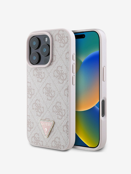 Guess Guess PU 4G Strass Triangle Metal Logo Zadní Kryt pro iPhone 16 Pro Pink