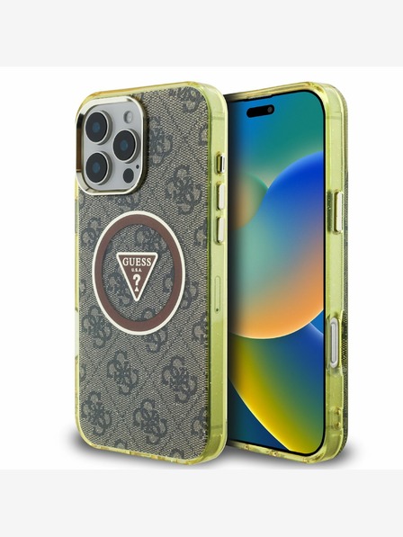 Guess Guess IML 4G Glitter and Triangle Logo MagSafe Zadní Kryt pro iPhone 16 Pro Brown