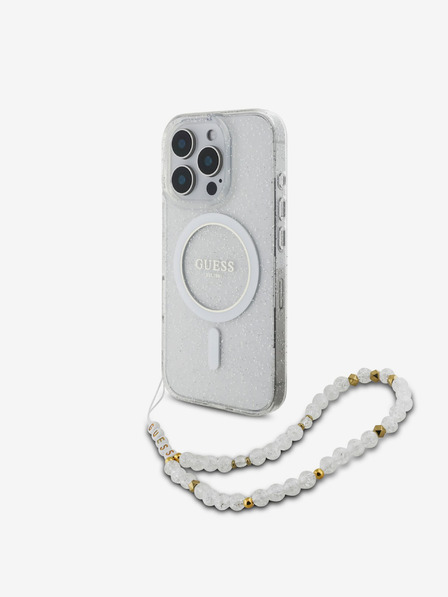 Guess IML Glitter Beads Strap MagSafe Zadní Kryt pro iPhone 16 Pro Max Transparent Obal na telefon