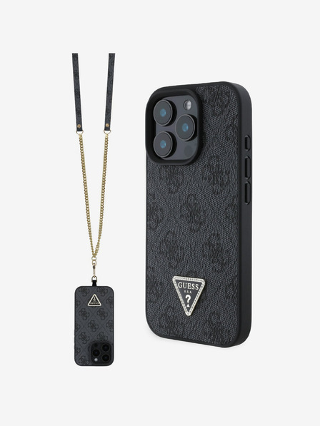 Guess Guess PU 4G Strass Triangle Metal Logo Zadní Kryt + Crossbody Popruh pro iPhone 16 Pro Black