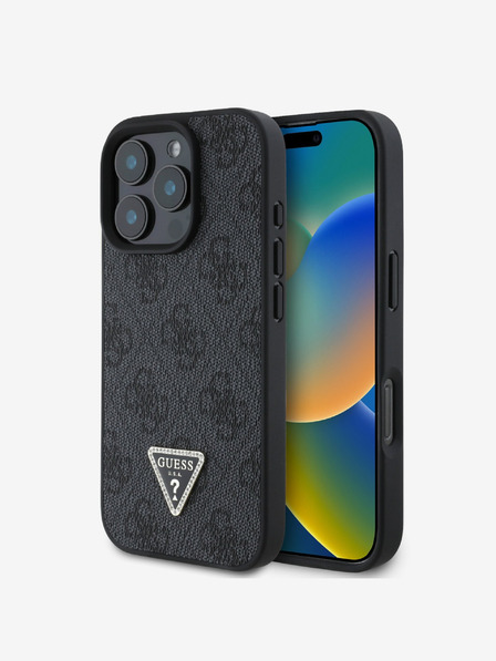 Guess Guess PU 4G Strass Triangle Metal Logo Zadní Kryt pro iPhone 16 Pro Max Black