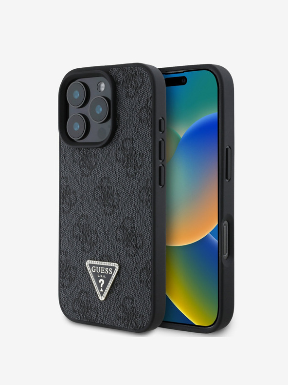 Guess Guess PU 4G Strass Triangle Metal Logo Zadní Kryt pro iPhone 16 Pro Max Black