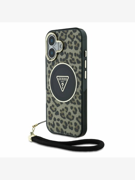 Guess Guess IML Leopard Triangle Logo Strap MagSafe Zadní Kryt pro iPhone 16 Brown