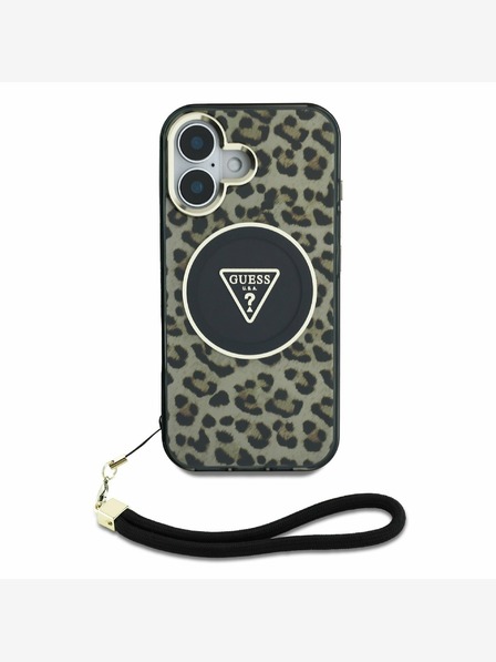 Guess Guess IML Leopard Triangle Logo Strap MagSafe Zadní Kryt pro iPhone 16 Brown