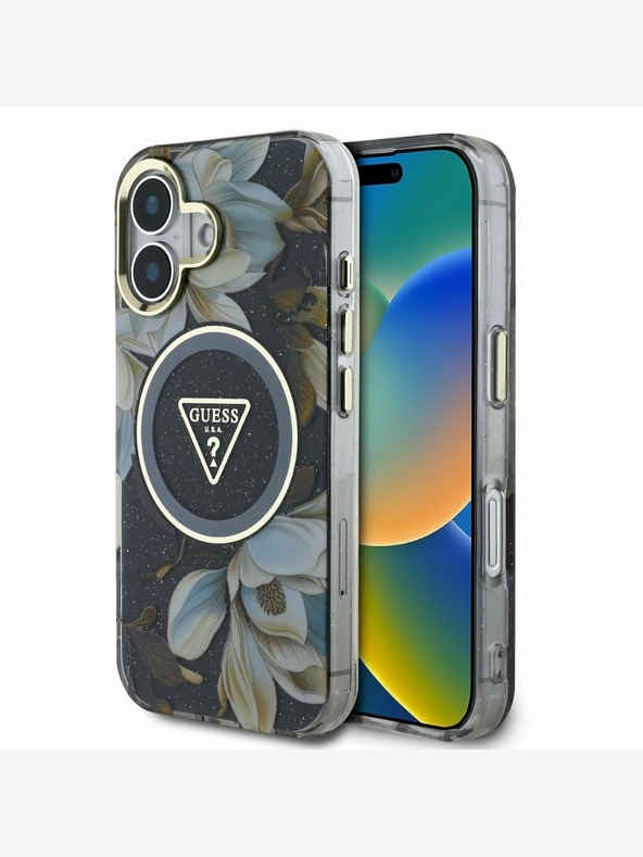 Guess Guess IML Glitter Magnolia and Triangle Logo MagSafe Zadní Kryt pro iPhone 16 Black