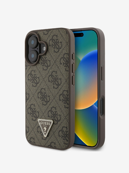 Guess Guess PU 4G Strass Triangle Metal Logo Zadní Kryt pro iPhone 16 Brown