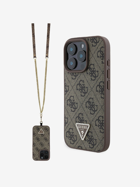 Guess Guess PU 4G Strass Triangle Metal Logo Zadní Kryt + Crossbody Popruh pro iPhone 16 Pro Brown