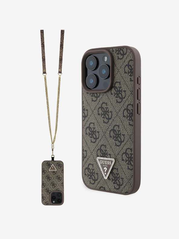 Guess Guess PU 4G Strass Triangle Metal Logo Zadní Kryt + Crossbody Popruh pro iPhone 16 Pro Brown