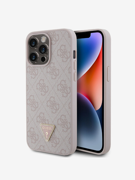 Guess PU 4G Strass Triangle Metal Logo Zadní Kryt pro iPhone 15 Pro Max Pink Obal na telefon
