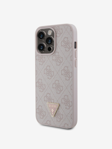Guess PU 4G Strass Triangle Metal Logo Zadní Kryt pro iPhone 15 Pro Max Pink Obal na telefon