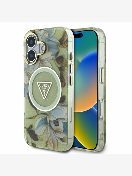 Guess Guess IML Glitter Magnolia and Triangle Logo MagSafe Zadní Kryt pro iPhone 16 Green