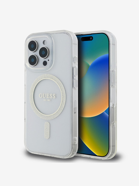 Guess Guess IML Glitter Ring MagSafe Zadní Kryt pro iPhone 16 Pro Transparent