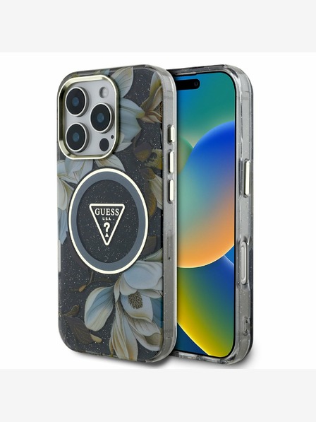 Guess Guess IML Glitter Magnolia and Triangle Logo MagSafe Zadní Kryt pro iPhone 16 Pro Black