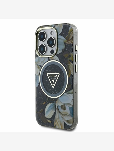 Guess Guess IML Glitter Magnolia and Triangle Logo MagSafe Zadní Kryt pro iPhone 16 Pro Black