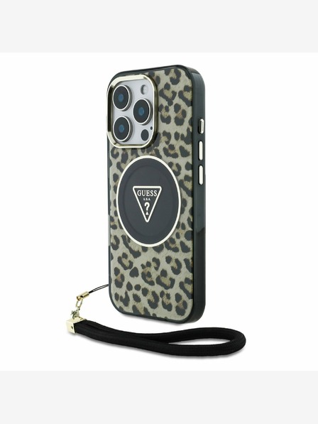 Guess Guess IML Leopard Triangle Logo Strap MagSafe Zadní Kryt pro iPhone 16 Pro Brown