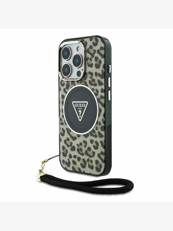 Guess Guess IML Leopard Triangle Logo Strap MagSafe Zadní Kryt pro iPhone 16 Pro Brown