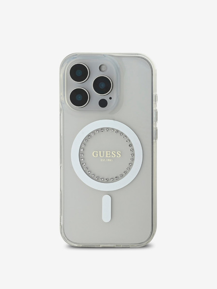 Guess Guess IML Rhinestones Ring MagSafe Zadní Kryt pro iPhone 16 Pro White