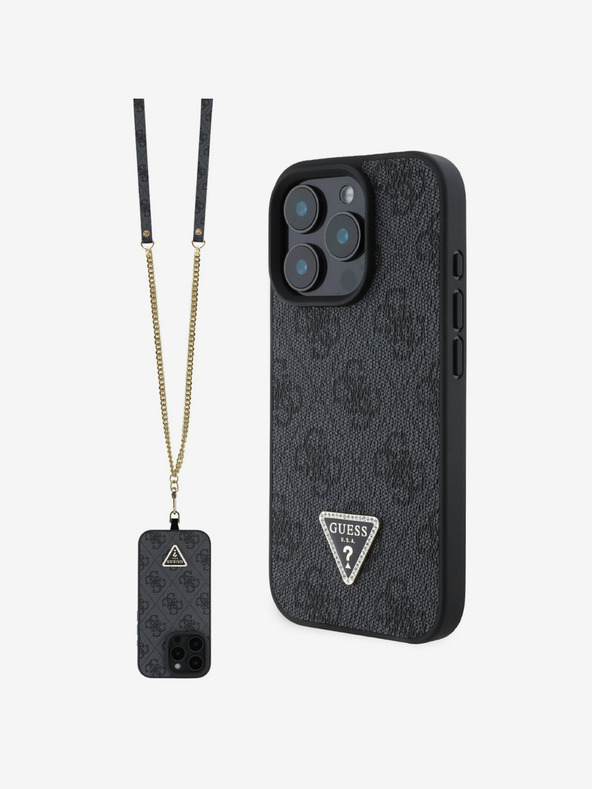 Guess Guess PU 4G Strass Triangle Metal Logo Zadní Kryt + Crossbody Popruh pro iPhone 16 Pro Max Black