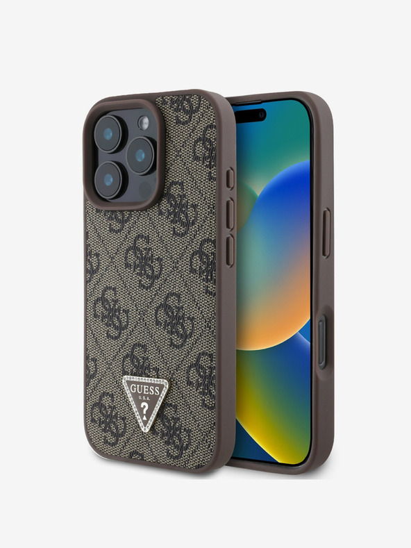 Guess Guess PU 4G Strass Triangle Metal Logo Zadní Kryt pro iPhone 16 Pro Brown