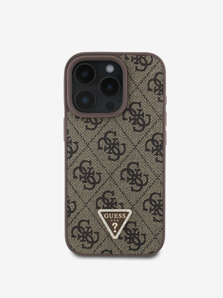 Guess Guess PU 4G Strass Triangle Metal Logo Zadní Kryt pro iPhone 16 Pro Brown