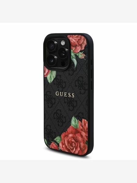 Guess Guess PU Leather 4G Roses MagSafe Zadní Kryt pro iPhone 16 Pro Black