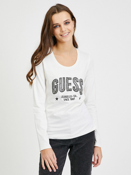 Guess Bílé dámské tričko s dlouhým rukávem Guess Mirela