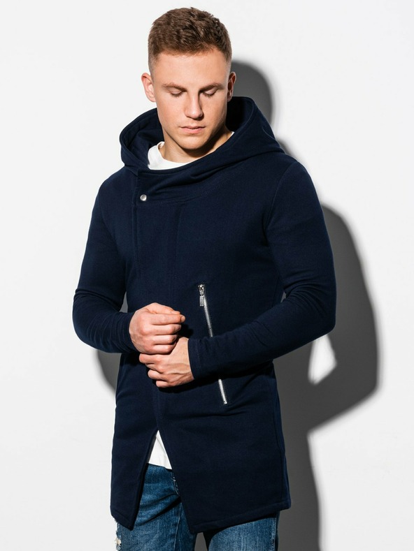 Ombre Clothing Tmavě modrá pánská prodloužená mikina na zip s kapucí B668 HUGO