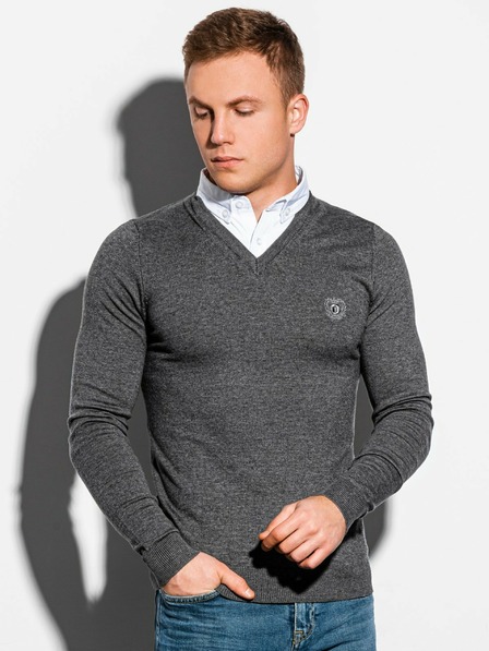 Ombre Clothing Šedý pánský žíhaný svetr s košilovou vsadkou E120