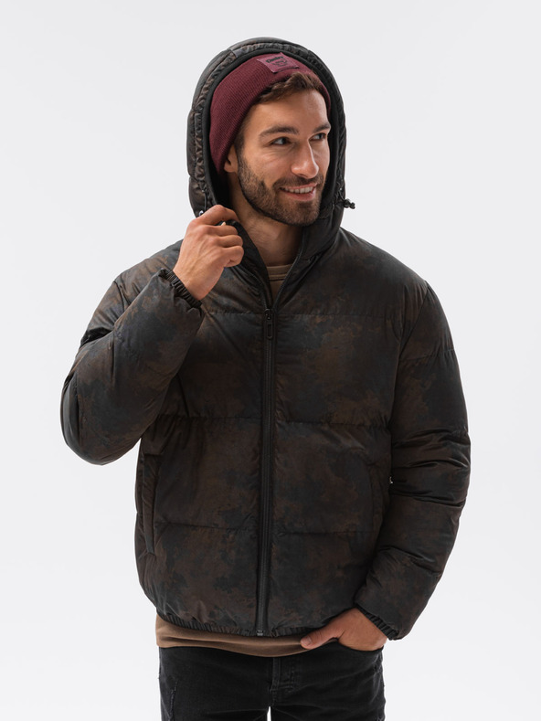 Ombre Clothing Hnědo-černá pánská vzorovaná prošívaná zimní bunda C529