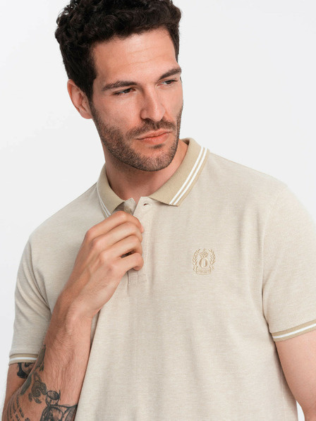 Ombre Clothing Béžové pánské žíhané polo tričko Ombre Clothing