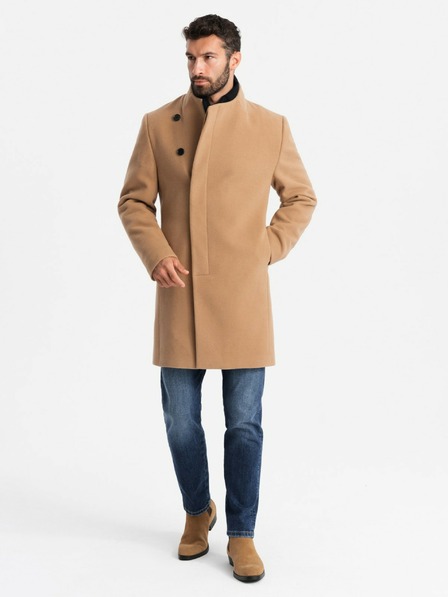 Ombre Clothing Pánský kabát s asymetrickým zapínáním a vysokým límcem světle hnědý Ombre Clothing