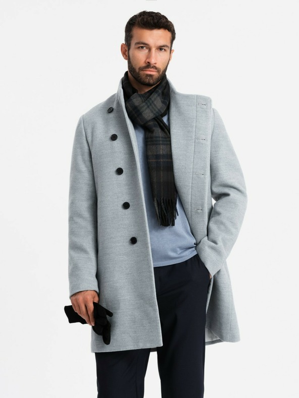 Ombre Clothing Pánský kabát s vysokým límcem a asymetrickým zapínáním šedý melír Ombre Clothing