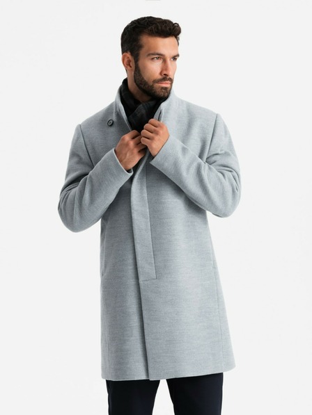 Ombre Clothing Pánský kabát s vysokým límcem a asymetrickým zapínáním šedý melír Ombre Clothing