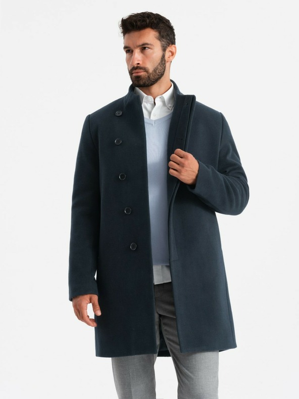 Ombre Clothing Pánský kabát s asymetrickým zapínáním a vysokým límcem tmavě modrý Ombre Clothing